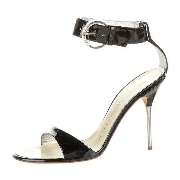 Designer Giuseppe Zanotti Black Patent Leather Ankle Strap Metal Heel Sandal's - Picture 3 of 14